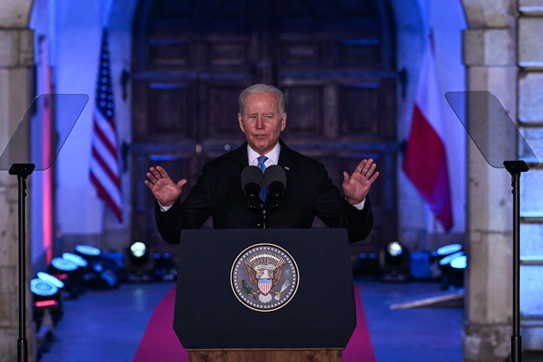 President Biden speaking in Warsaw on Saturday.