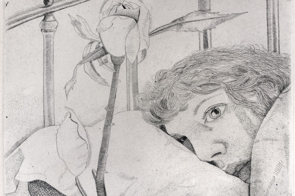 A pencil drawing of a girl in bed with her eyes open
