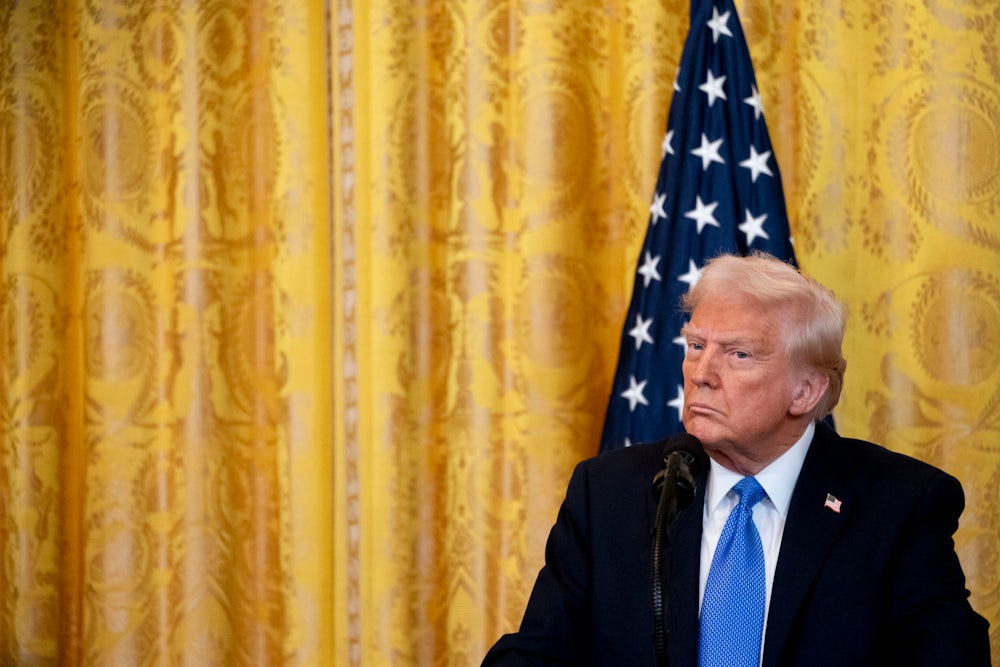 Donald Trump stands to the right in front of an American flag and a gold background.