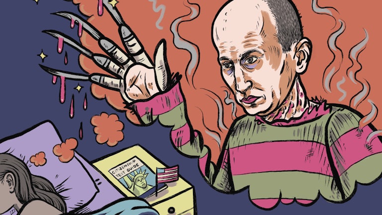 Illustration of Stephen Miller depicted as Freddy Krueger