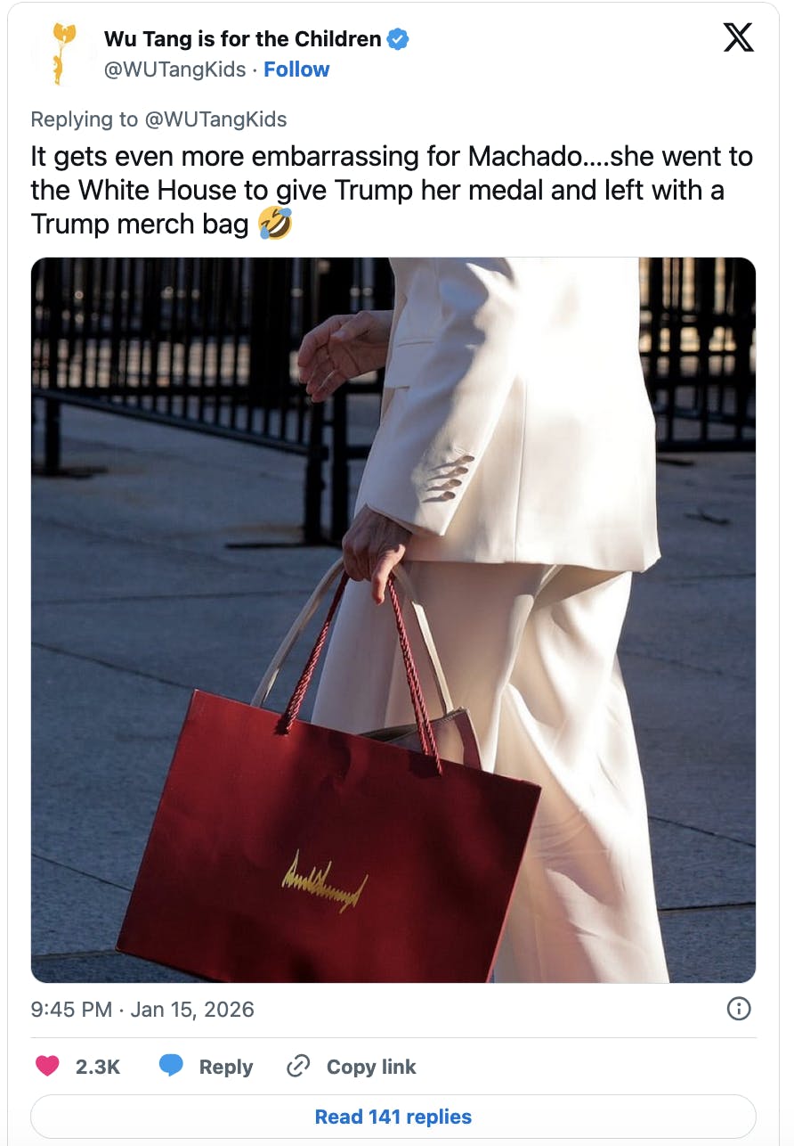 X screenshot Wu Tang is for the Children @WUTangKids It gets even more embarrassing for Machado….she went to the White House to give Trump her medal and left with a Trump merch bag 🤣