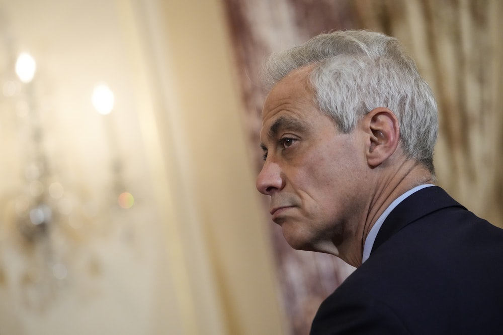 Rahm Emanuel listens during a news conference with U.S. and Japanese leaders at the U.S. Department of State.