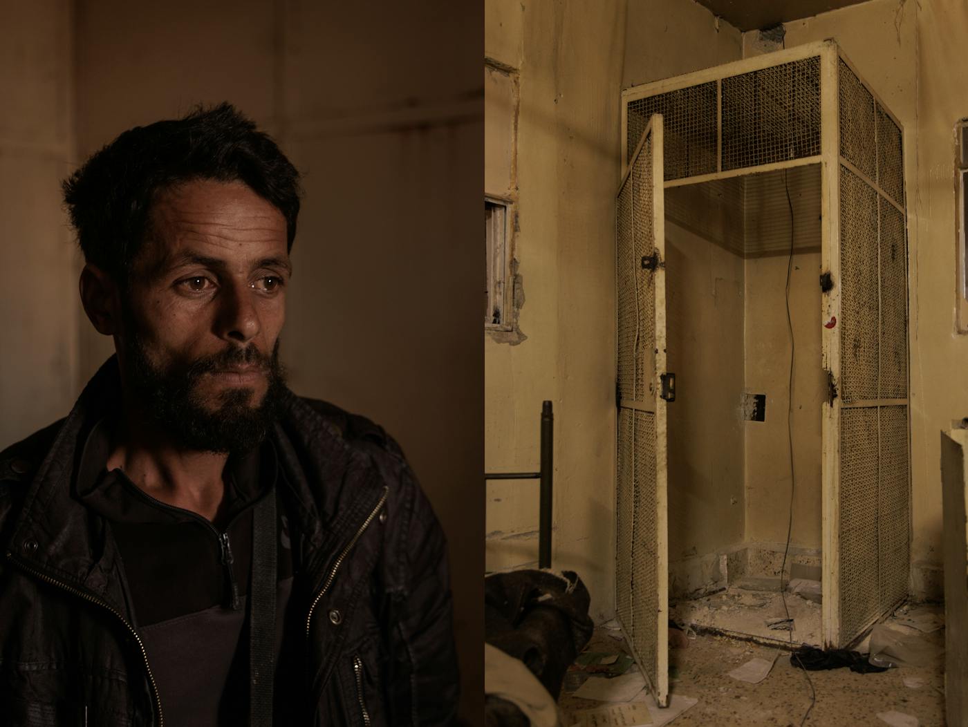 Youssef Dahham Al-Shamlan, age 31, from Deir Ez-Zor, stands inside the cell where he had been imprisoned in 2021. “I don’t remember how much time I spent in prison; my family counted the days," he said. Youssef came back to Sednaya to look for his brother Taha, who had been sent to prison in 2014. Youssef's family hadn't heard from him for the past ten years. “How can I go back to my family without bringing Taha back?" he asked. "My family call me and ask, 'When are you and Taha coming back?' and I’m unable to respond. We now have nothing. My family sold the house to pay for Taha’s release, but he didn’t come. Our house and my brother Taha have gone under the ground of Sednaya.” Right: a view of a cage for detention, with a 2x2 square-foot surface.