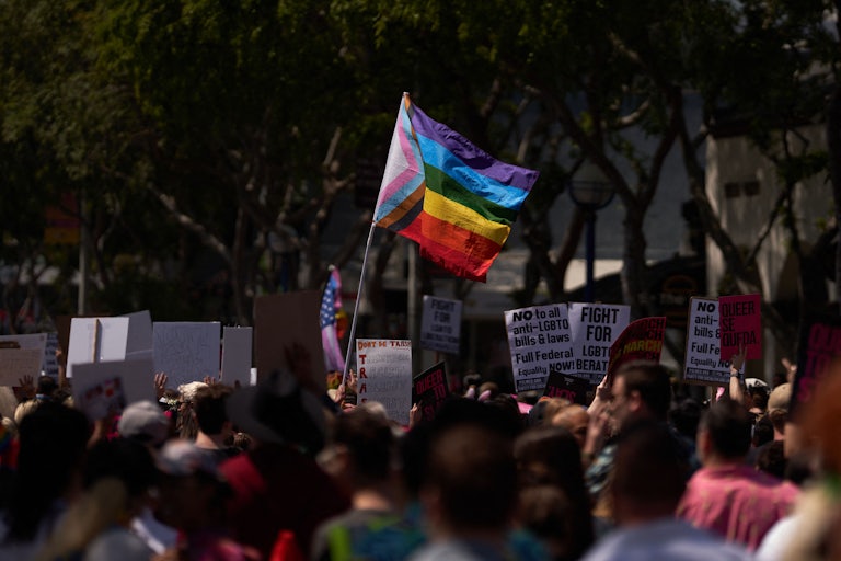 Pride flag raised during protest