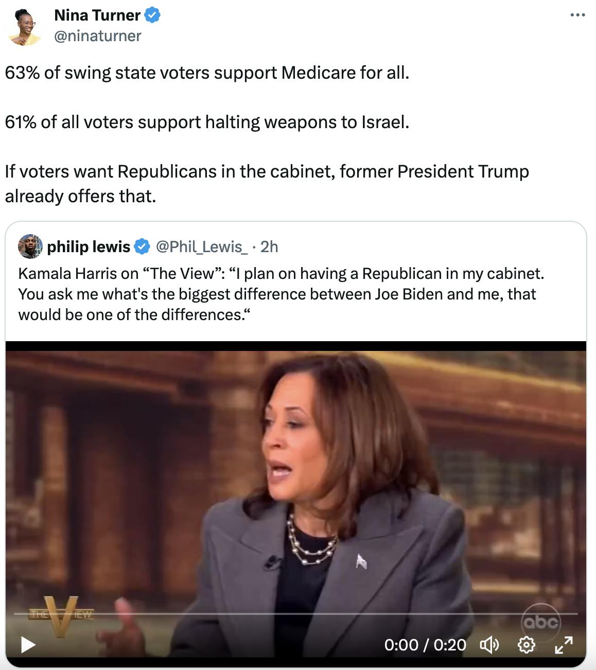 Twitter screenshot Nina Turner @ninaturner: 63% of swing state voters support Medicare for all. 61% of all voters support halting weapons to Israel. If voters want Republicans in the cabinet, former President Trump already offers that.