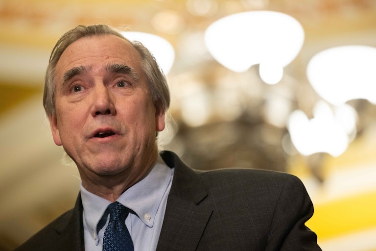 Senator Jeff Merkley speaks to reporters in the Capitol