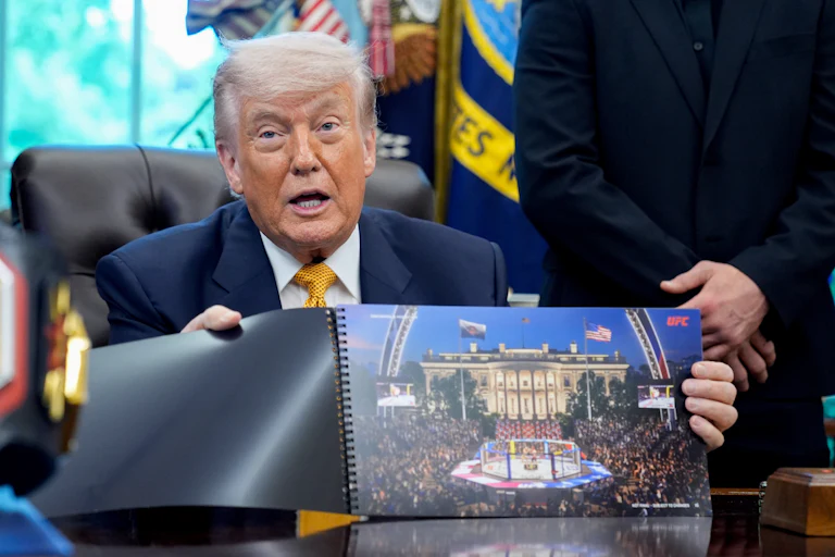 President Trump displays a rendering of the “UFC Freedom 250” event at the White House, May 6