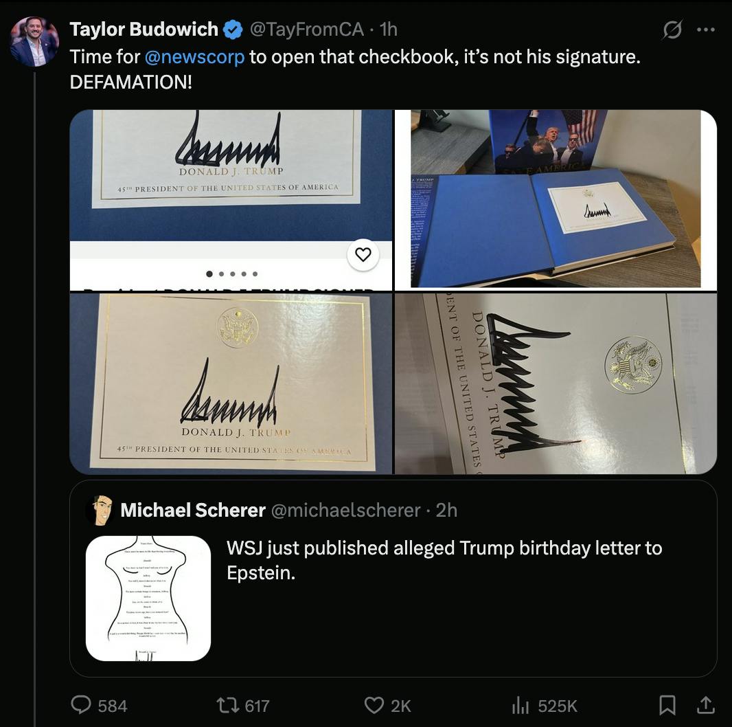 X screenshot Taylor Budowich @TayFromCA Time for @newscorp to open that checkbook, it’s not his signature. DEFAMATION!