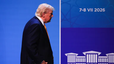 Donald Trump walks onstage at the NATO summit in Ankara, Turkey.