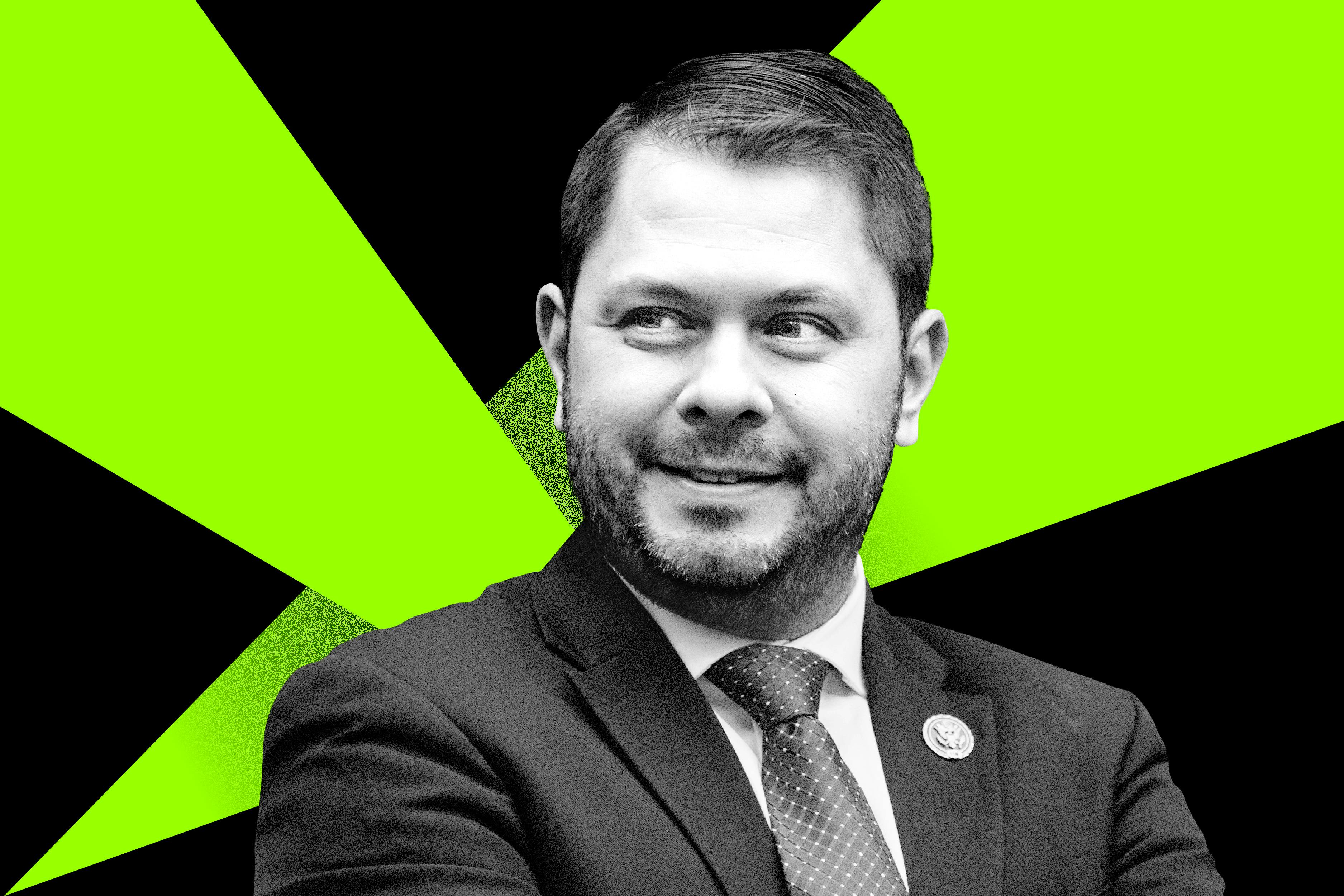 Arizona congressman Ruben Gallego in front of a green and black background