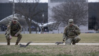 Members of the National Guard feed squirrels on the National Mall in Washington, D.C.
