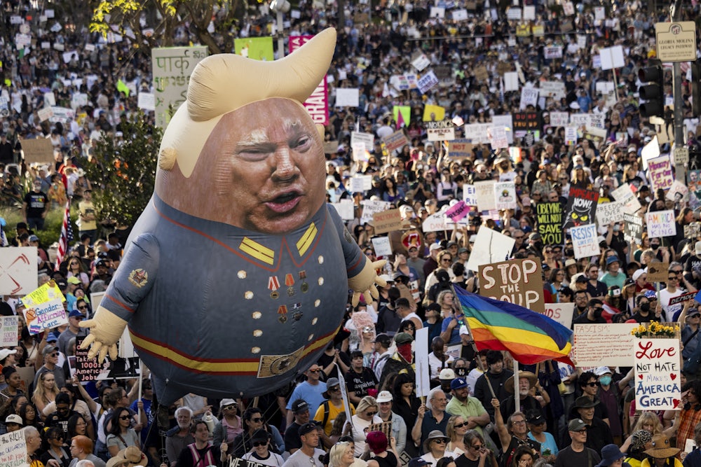 A "Hands Off!" protest against Trump in downtown Los Angeles on Saturday