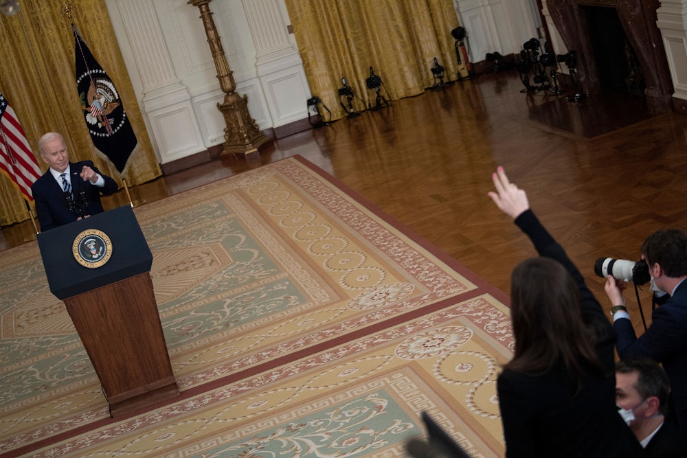 President Joe Biden takes questions after announcing the first tranche of economic sanctions on Russia in February.