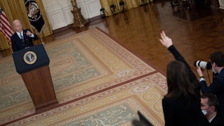 President Joe Biden takes questions after announcing the first tranche of economic sanctions on Russia in February.