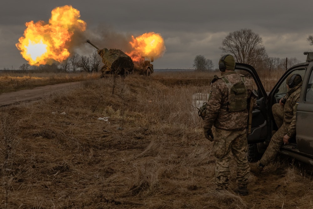 Ukrainian soldiers shoot artillery toward Russian positions in the Donetsk region of Ukraine