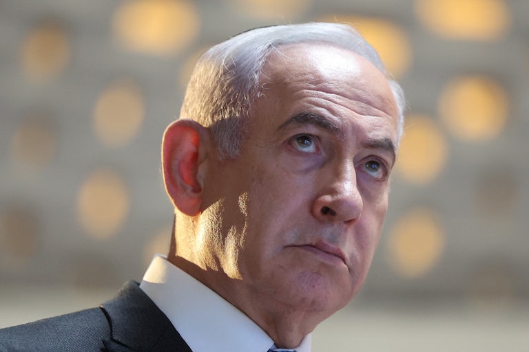 Israeli Prime Minister Benjamin Netanyahu speaks during a commemoration ceremony at the Memorial Hall on Mount Herzl in Jerusalem.