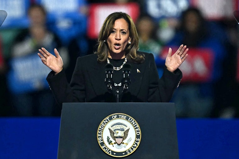 Kamala Harris speaks at the presidential lectern