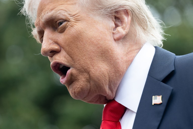 Donald Trump speaks to reporters outside the White House