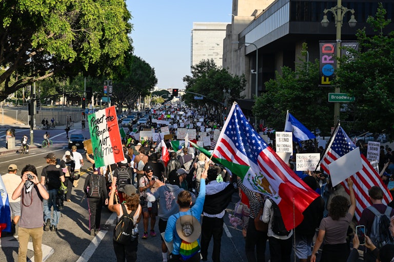 A protest against ICE immigration raids in Los Angeles, on June 11