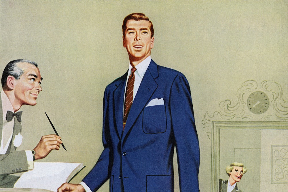 A 1950s illustration of a businessman standing by a desk