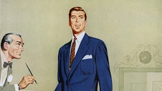 A 1950s illustration of a businessman standing by a desk