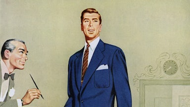 A 1950s illustration of a businessman standing by a desk