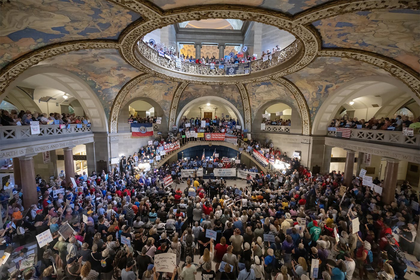 A photo of a crowd gathered at the Missouri Statehouse in Jefferson City in September protesting the legislative effort to redraw the state’s congressional district map.