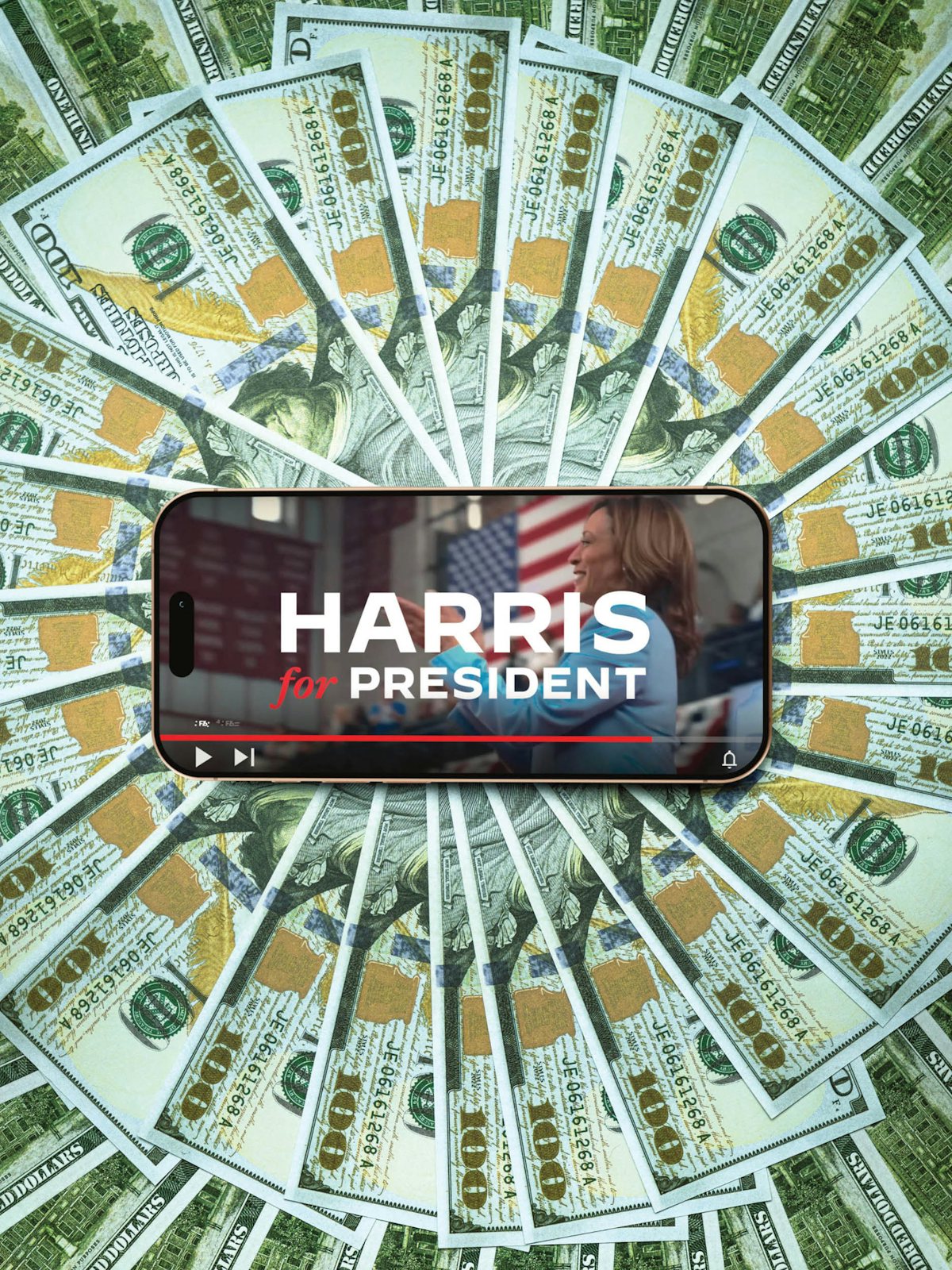 An iPhone with a "Harris for President" ad on a stack of hundred dollar bills