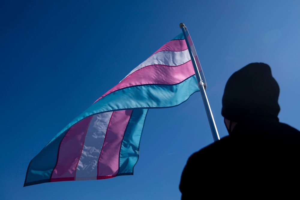 A demonstrator holds a transgender pride flag during a President's Day protest near the U.S. Capitol in Washington, D.C.