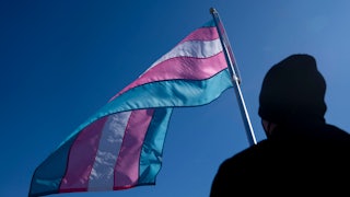A demonstrator holds a transgender pride flag during a President's Day protest near the U.S. Capitol in Washington, D.C.