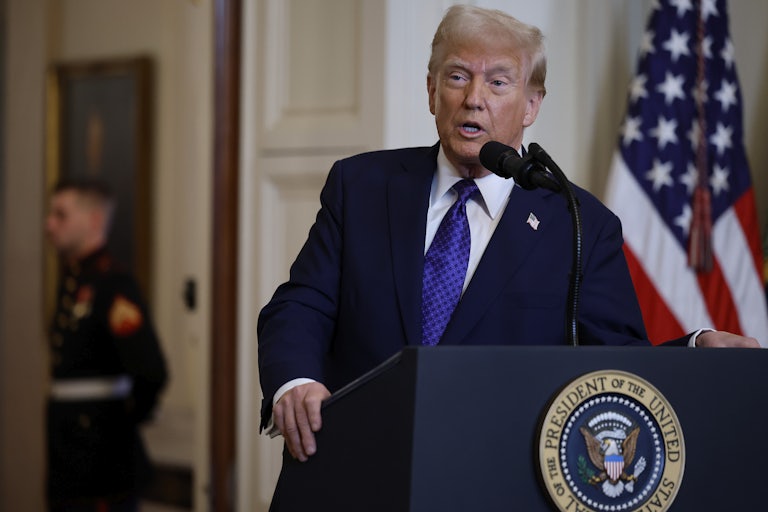 Donald Trump speaks at the presidential podium