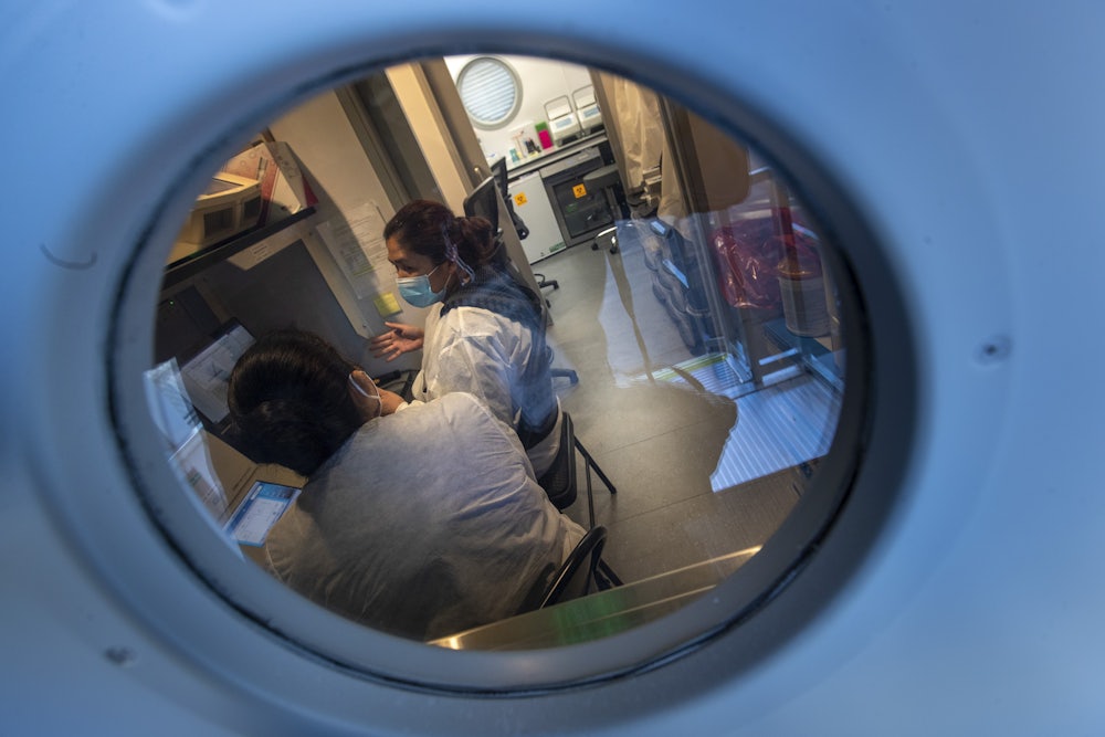 Two lab staff members sit confer while sitting in front of screens.