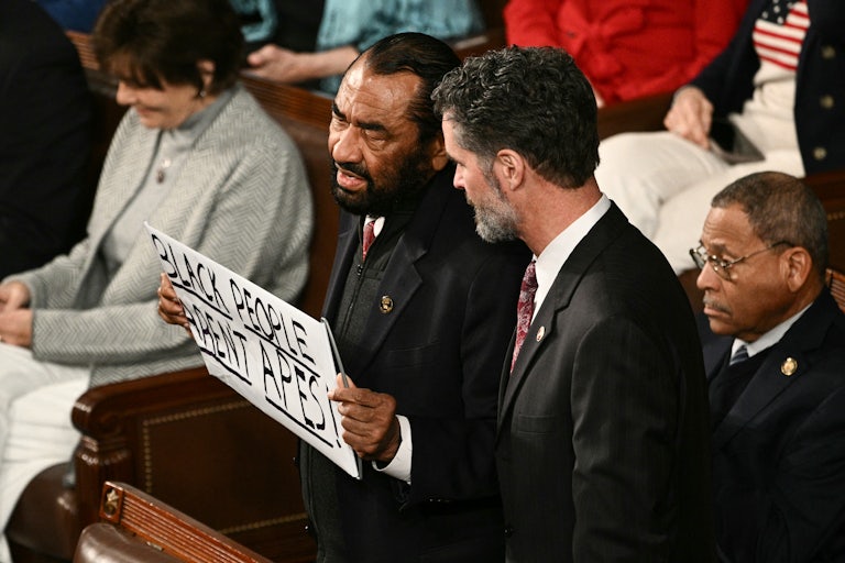 Representative Al Green holds a sign reading “Black People Aren’t Apes” during President Donald Trump’s State of the Union address.