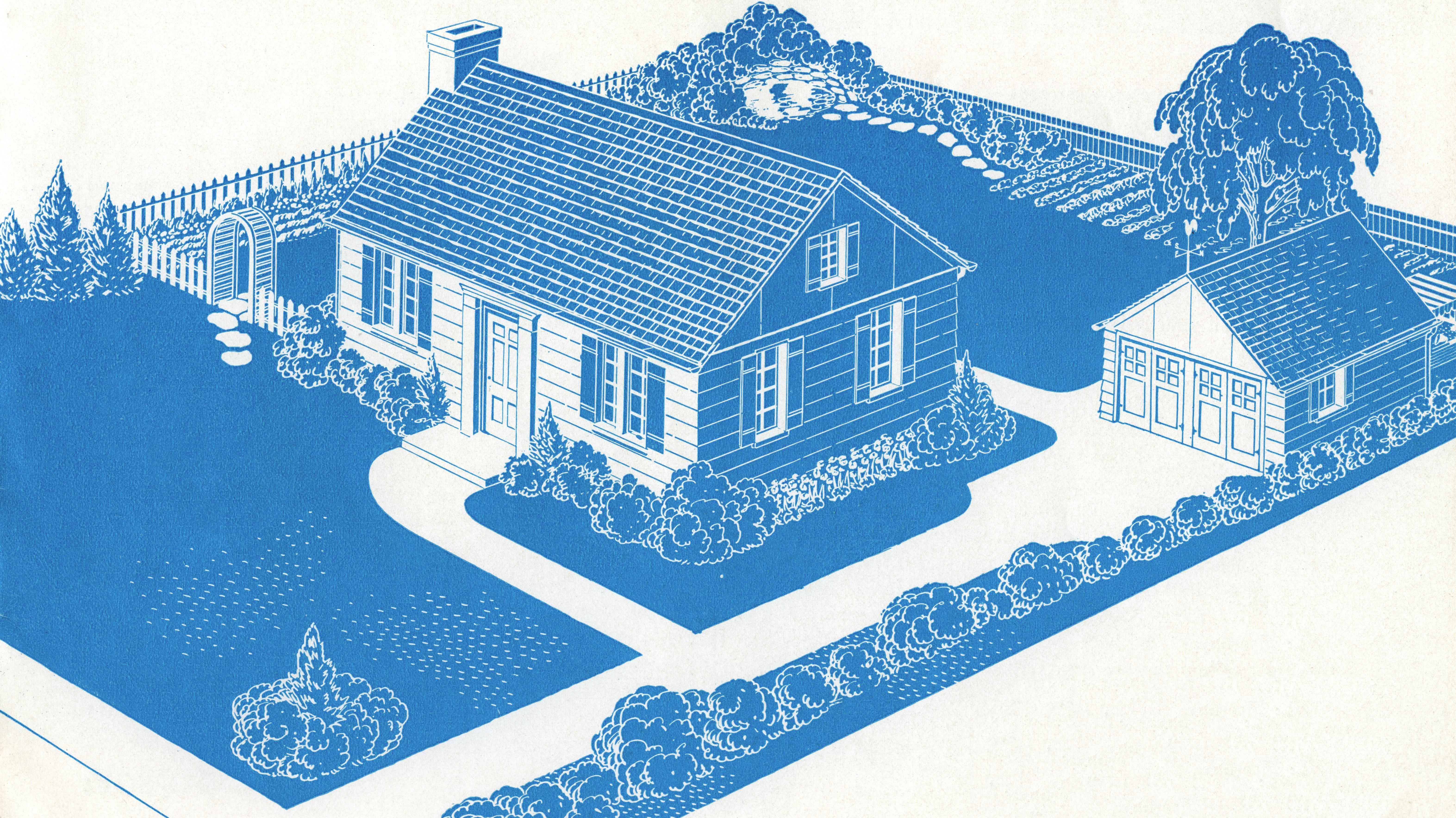 Blue ink drawing of an ideal American suburban home, 1933