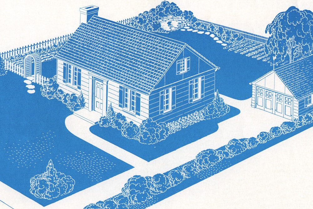 Blue ink drawing of an ideal American suburban home, 1933