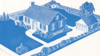 Blue ink drawing of an ideal American suburban home, 1933