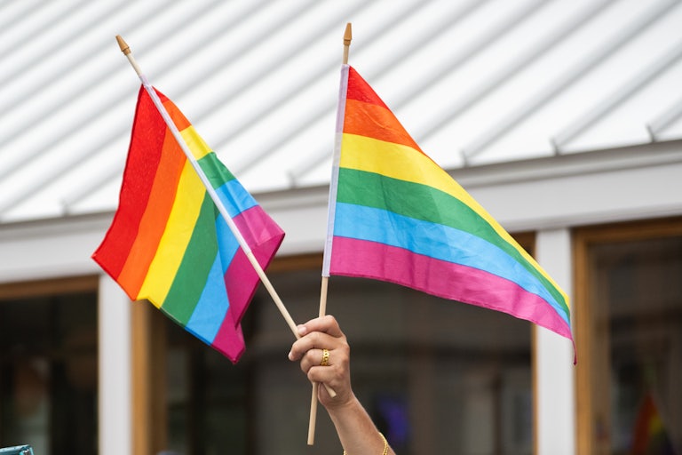 A person holds up two rainbow gay pride flags