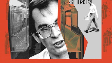 Photo collage featuring Bernie Goetz, the “subway vigilante,” layered with New York City subway imagery and the headline “Fear; Mugging. Shoots 4,” referencing the 1984 shooting on a New York City subway train.