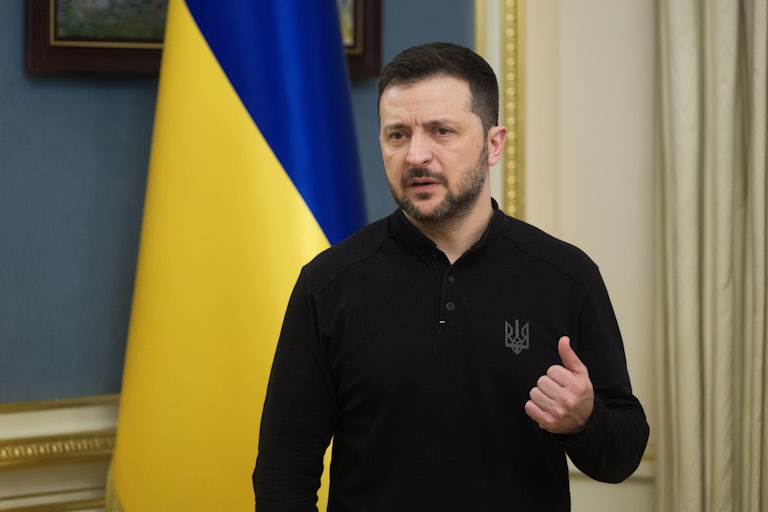 Ukranian President Volodymyr Zelenskiy speaks during a press conference