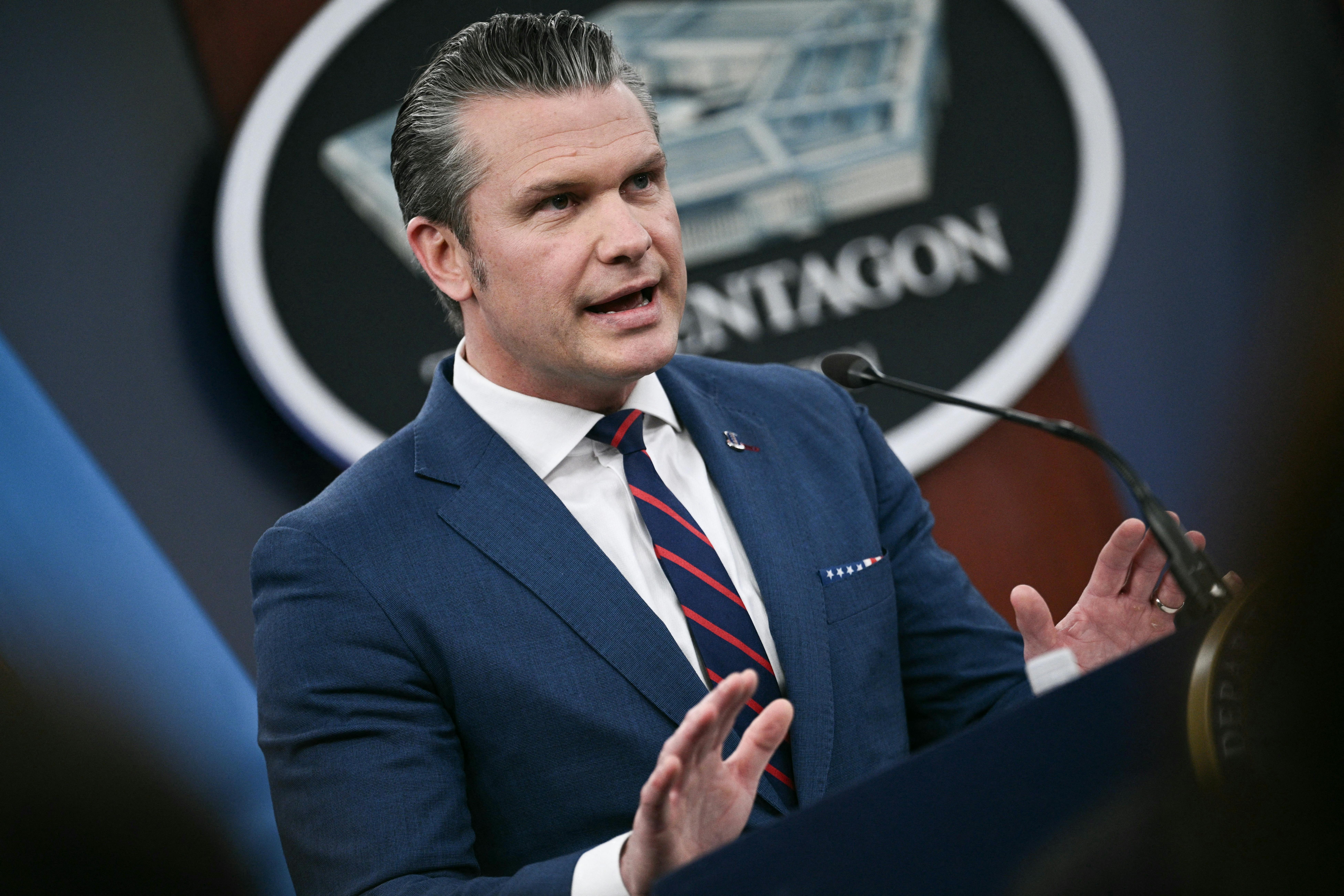 Defense Secretary Pete Hegseth speaking during a press conference.