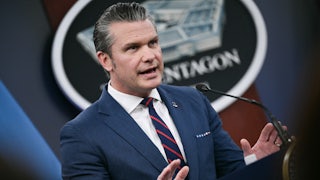 Defense Secretary Pete Hegseth speaking during a press conference.