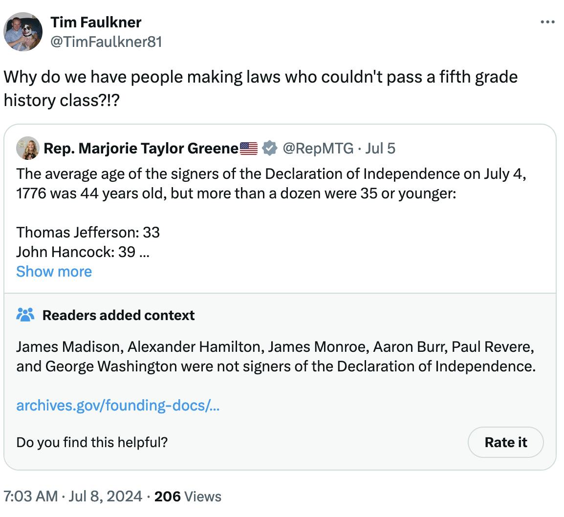 Tweet screenshot Tim Faulkner @TimFaulkner81: Why do we have people making laws who couldn't pass a fifth grade history class?!?