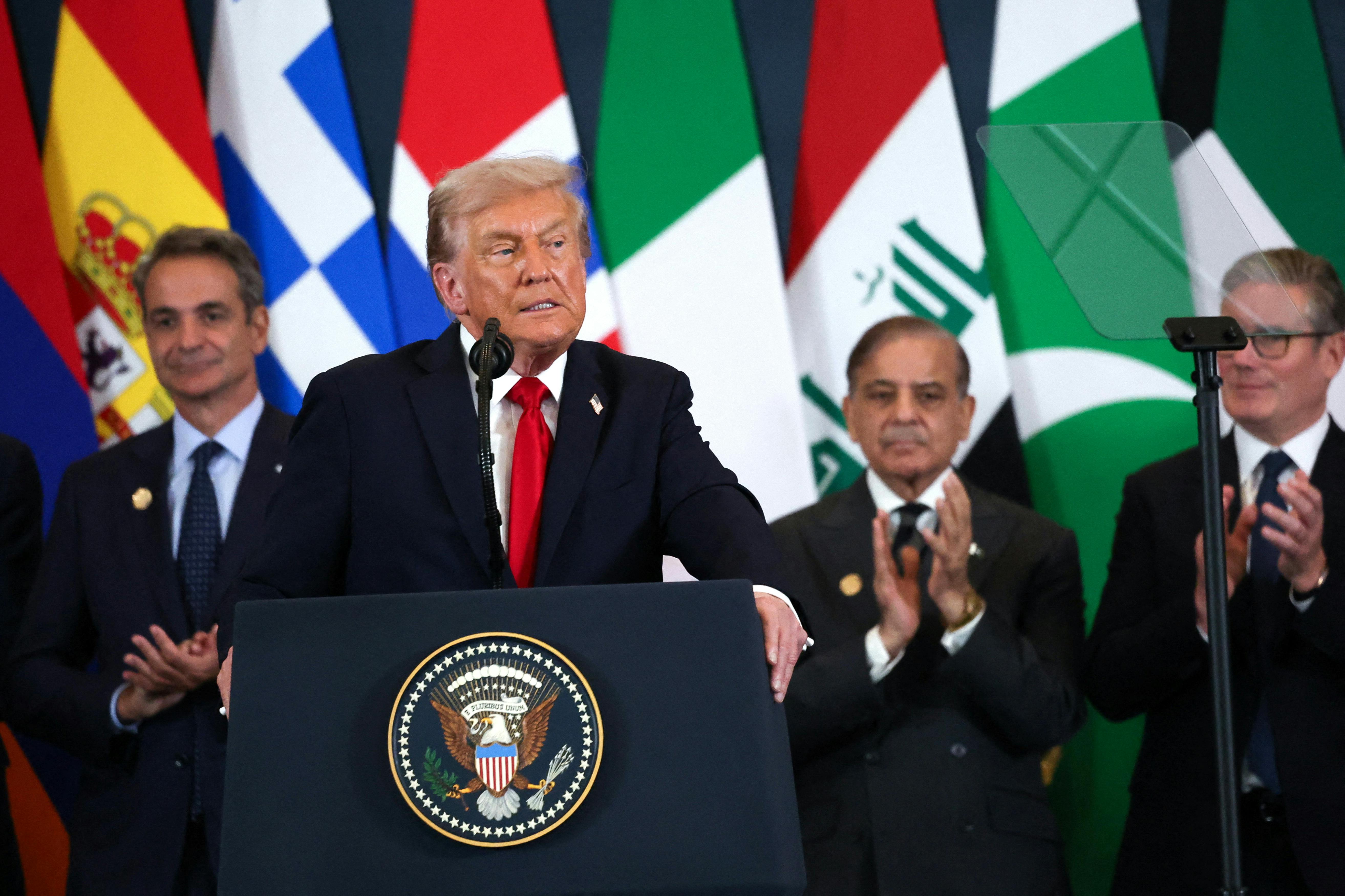 Donald Trump speaks in front of fellow world leaders