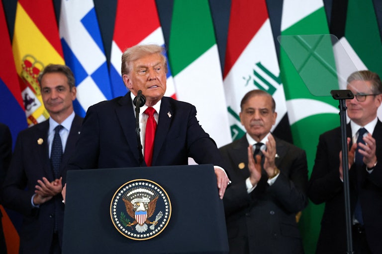 Donald Trump speaks in front of fellow world leaders