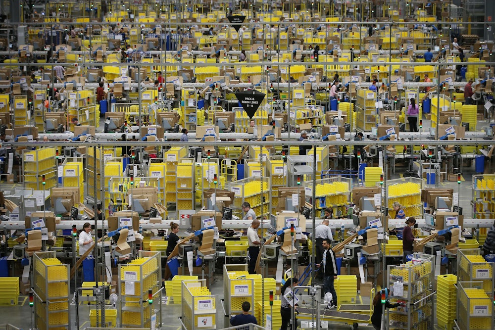 A long shot of an Amazon fulfillment center.