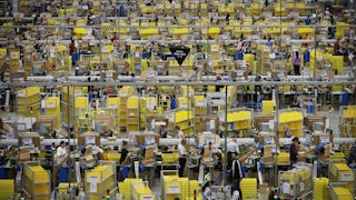 A long shot of an Amazon fulfillment center.