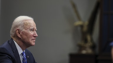 President Joe Biden participates in a virtual call at the White House.