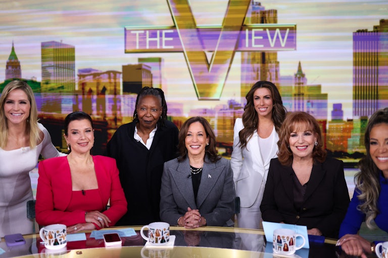 The hosts of The View sit with Kamala Harris on set