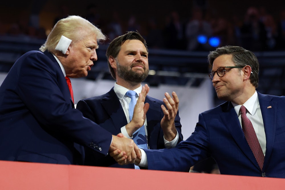 Donald Trump, J.D. Vance, and Mike Johnson at the Republican National Convention