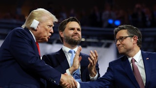 Donald Trump, J.D. Vance, and Mike Johnson at the Republican National Convention